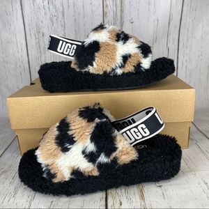 NEW Womens UGG Fluff Yeah cow print slide slippers black brown size 6